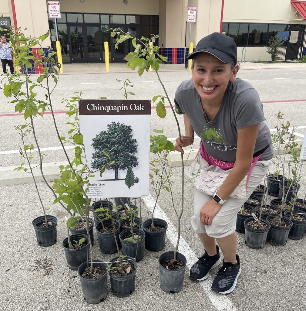 Young woman smiles and kneels by a set of baby oak trees tro give away.