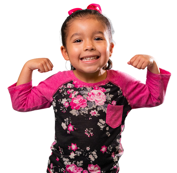 a young girl posing with muscle arms