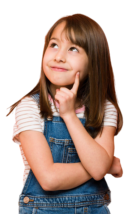 a young girl in a thinking posture and a smile