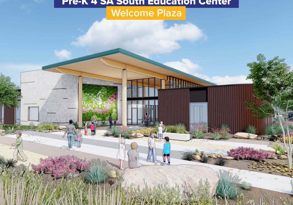 A view of the modern welcome plaza at the Pre-K 4 SA South Education center.