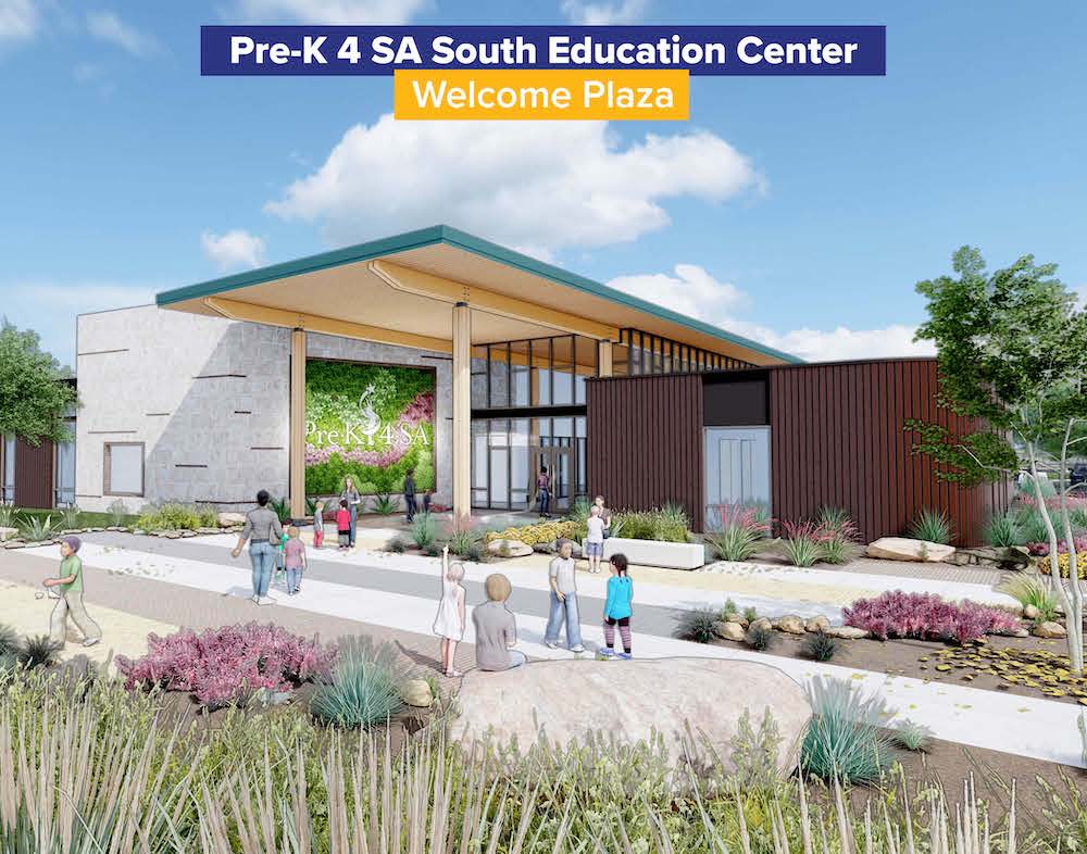 A view of the modern welcome plaza at the Pre-K 4 SA South Education center.