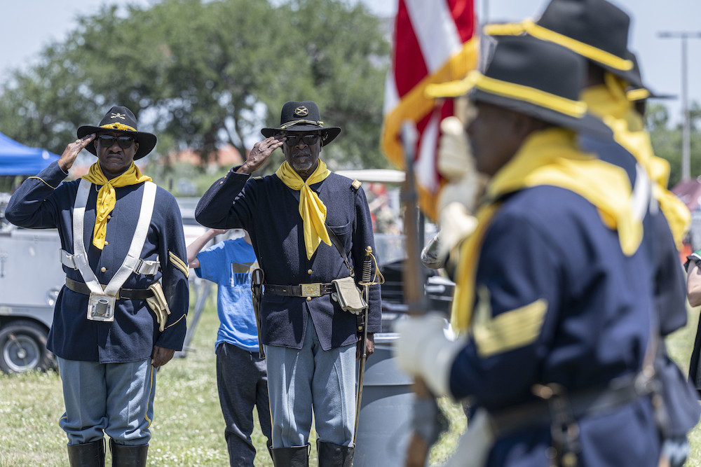 Members of the Bexar County Buffalo soldiers post the U.S. national colors at the Joint Base San Antonio-Fort Sam Houston Open House ceremony on Fort Sam Houston, Texas, April 22, 2023. The JBSA-FSH Open House is an official event that hosts a day for the base to be open to the greater San Antonio community to “meet the military.” The JBSA-FSH Open House included military static displays, demonstrations, live music and concerts, and more.
