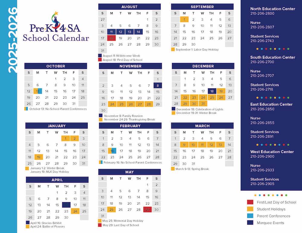 Pre-K 4 SA School Calendar 2025-2026