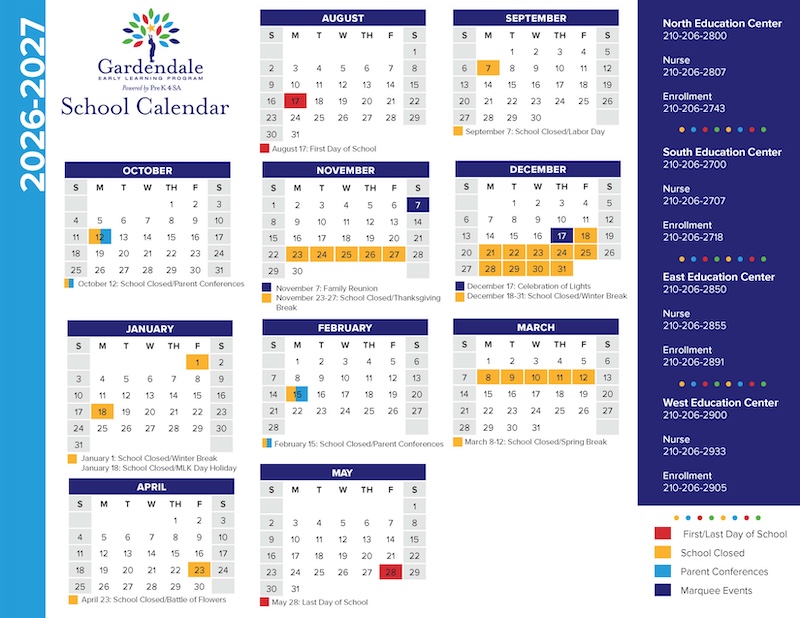 Pre-K 4 SA Gardendale school calendar for the 2026-2027 academic year with important dates and events.