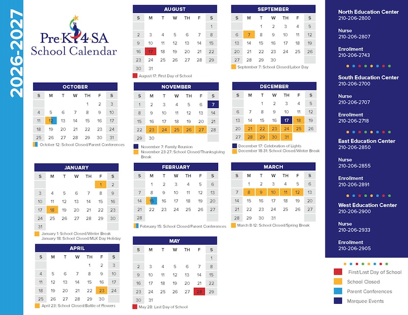 Pre-K 4 SA school calendar for the 2026-2027 academic year with important dates and events.