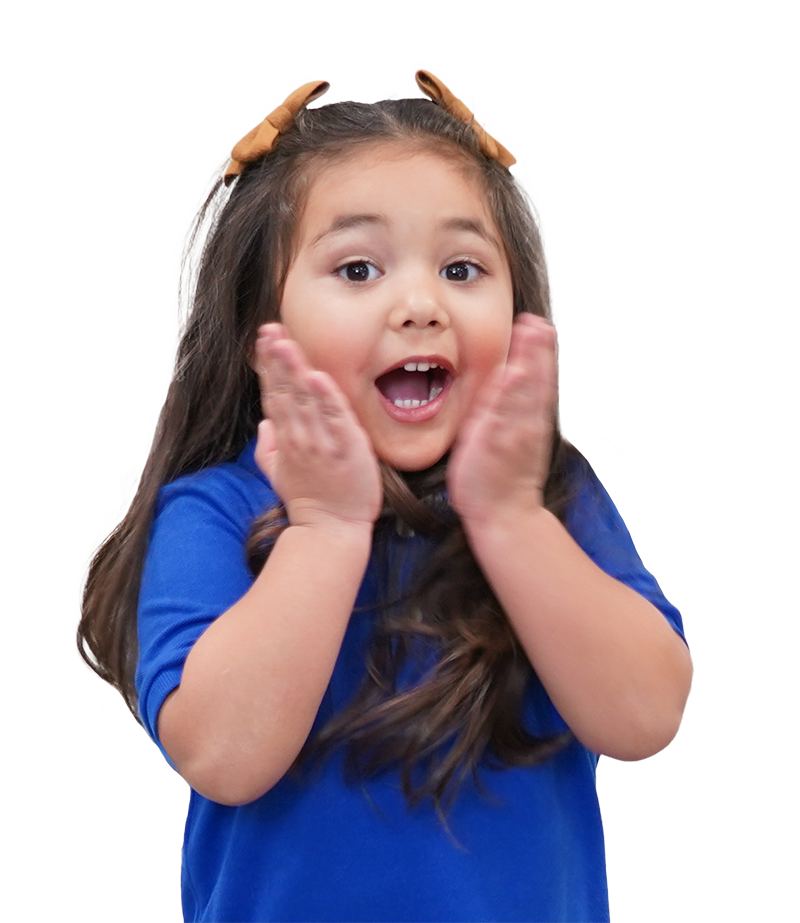Excited young girl in blue shirt with hands on cheeks, preschool learning, Pre-K 4 SA.