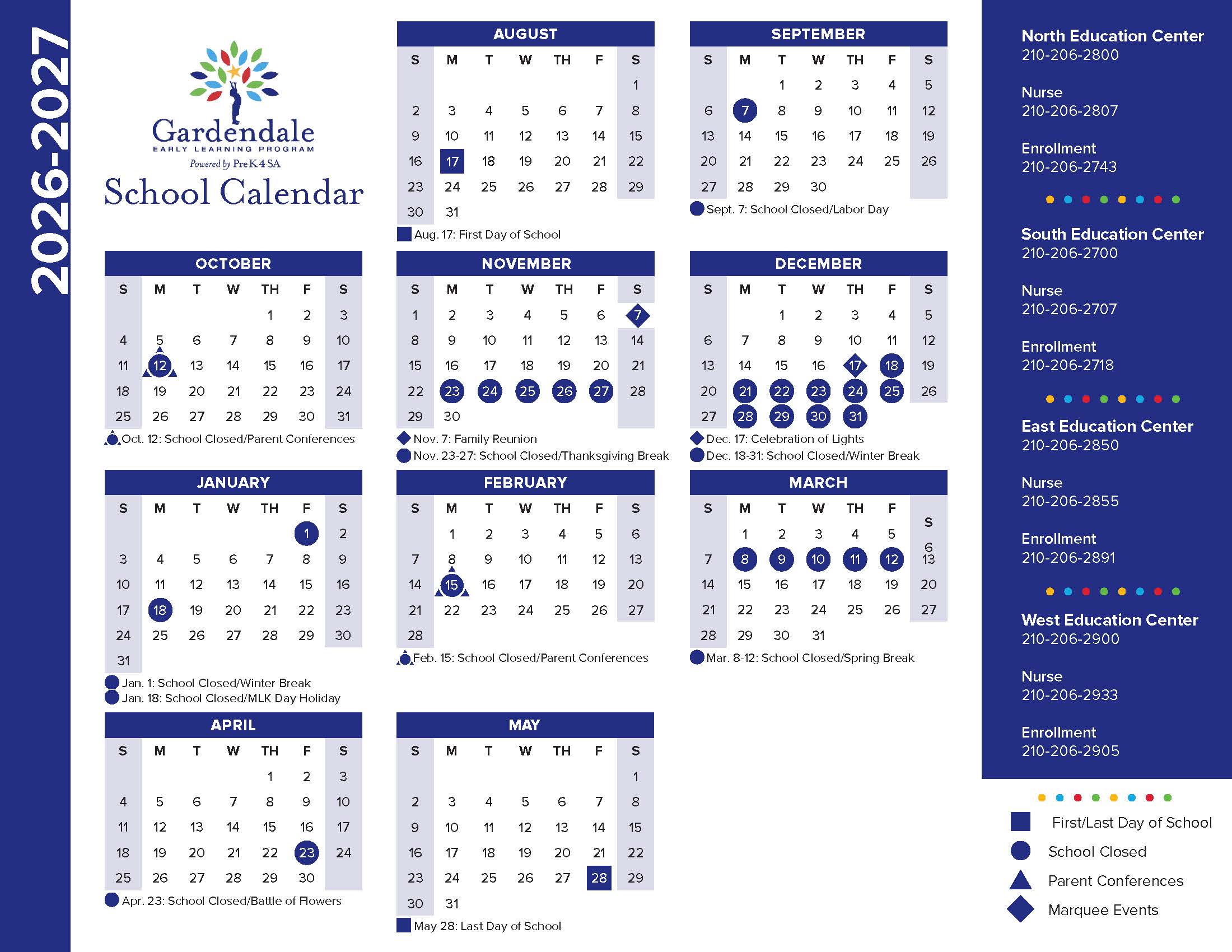 Pre-K 4 SA school calendar for 2026-2027 with marked important dates and events.
