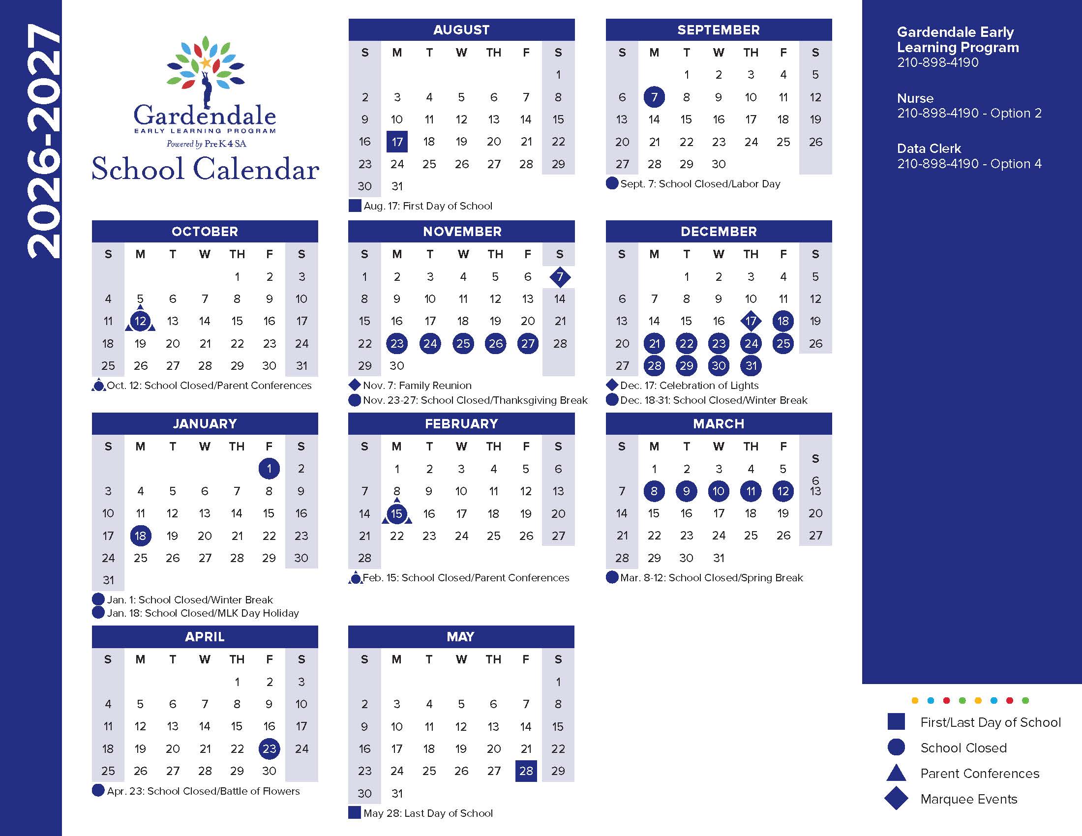 Gardendale Early School Calendar 2026-2027 with important dates and events highlighted in blue and a.
