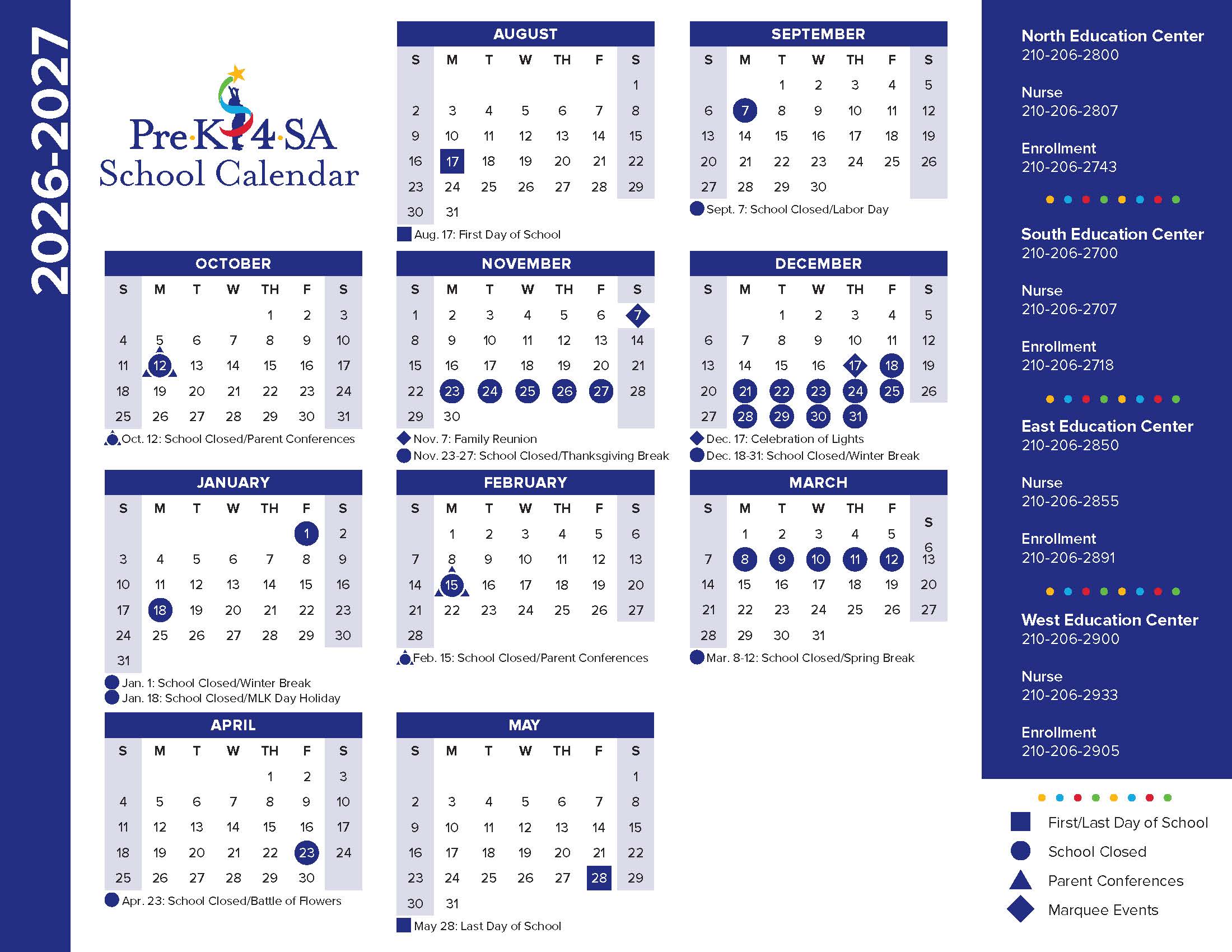 Pre-K 4 SA school calendar for 2026-2027 with key dates and events highlighted.