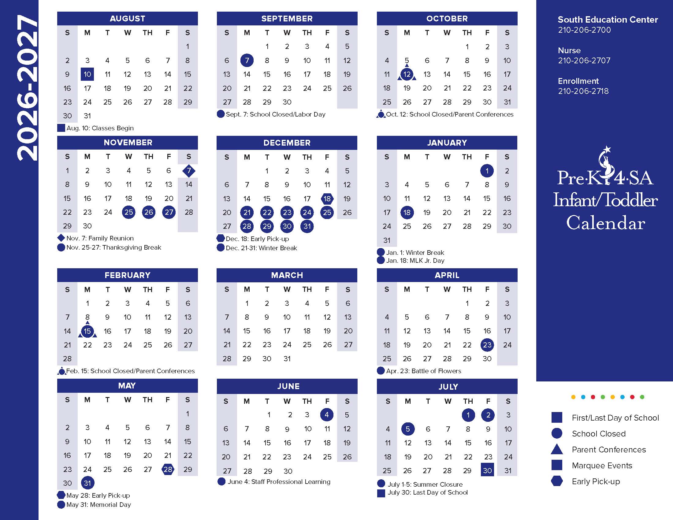 Pre-K 4 SA Infant/Toddler Calendar for 2026-2027 with school events and holidays.