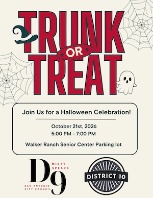 Trunk or Treat Halloween event flyer for District 9 & District 10 with spooky graphics.